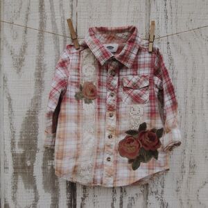 Upcycled Plaid Kids Shirt with Floral Accents Size 3T
